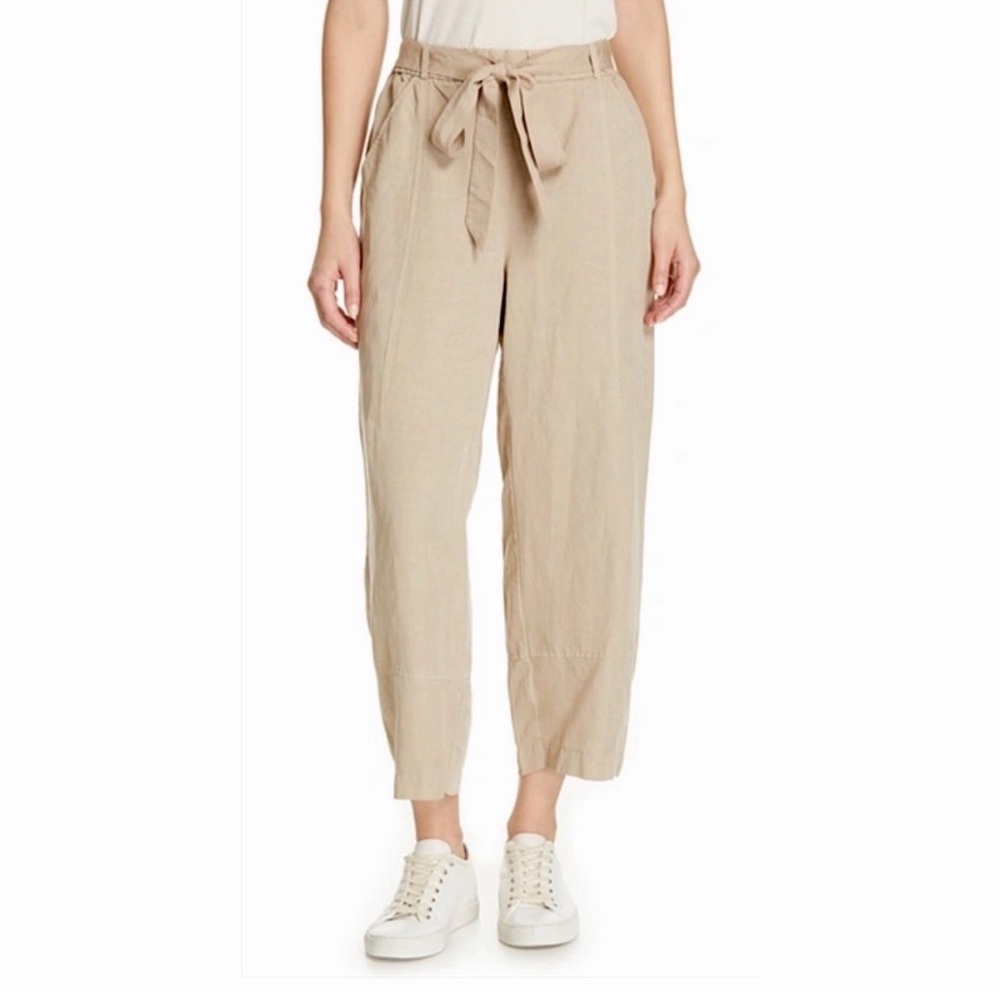 Eileen Fisher XL Tan Linen Blend Belted Paperbag Wide Leg Cropped Pants Neutral